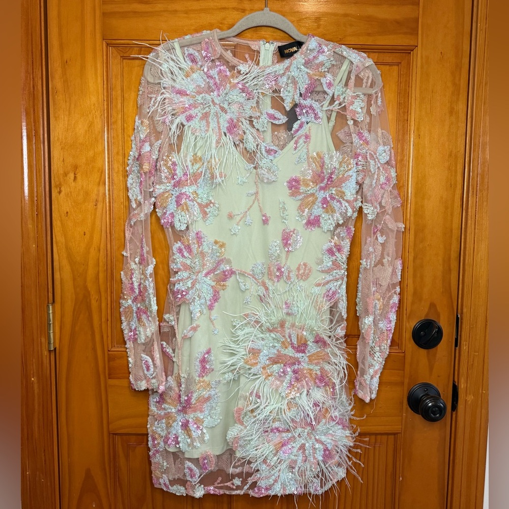 Fashion Nova Luxe Laney Feather Sequin Mini Dress Mint Green Colorful Small NEW - Picture 2 of 12